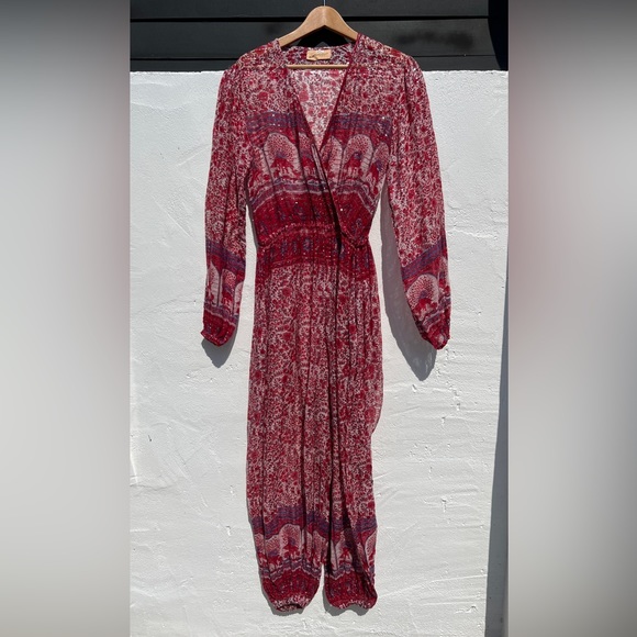 VTG Red Floral Long Sleeve Sheer Beach Coverup Jumpsuit - Picture 14 of 14